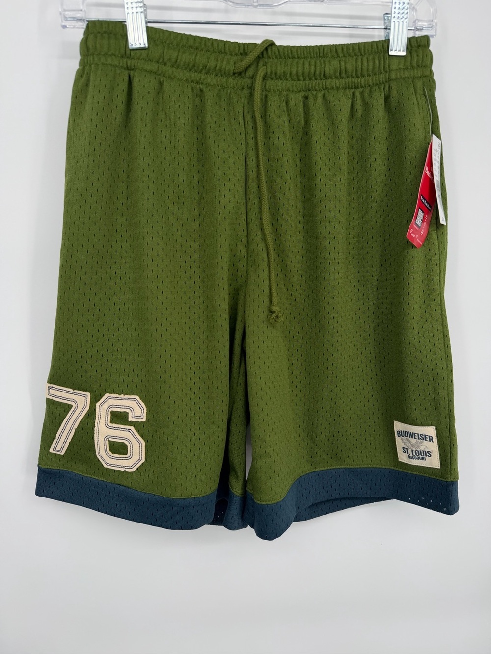 Budweiser Olive Green Athletic Mesh Shorts with Navy Hem
